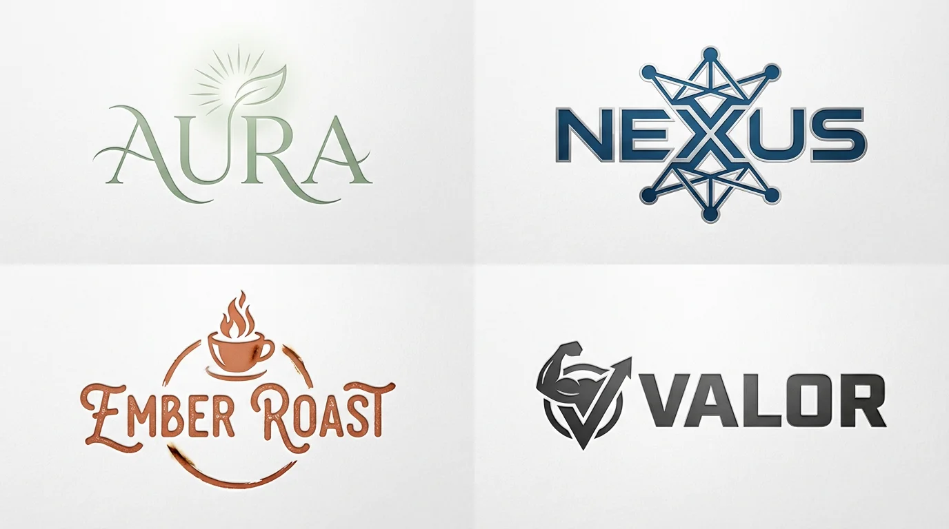 A showcase of four modern logos arranged in a grid, each with a unique font. The logos for fictional brands 'AURA', 'NEXUS', 'EMBER ROAST', and 'VALOR' display elegant serif, geometric, script, and bold font styles respectively, demonstrating creative typography in branding.