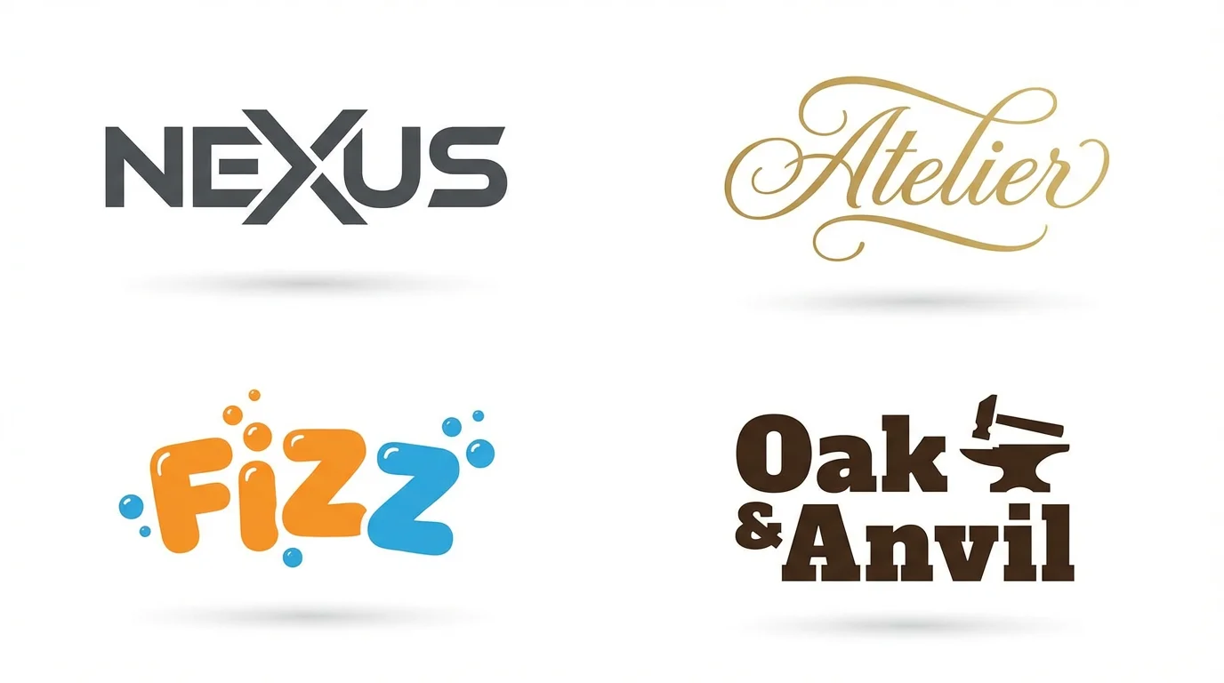 A collection of four fictional logos on a white background, demonstrating different font styles. The logos are for 'NEXUS' in a geometric font, 'Atelier' in a script font, 'FIZZ' in a playful font, and 'Oak & Anvil' in a slab-serif font.