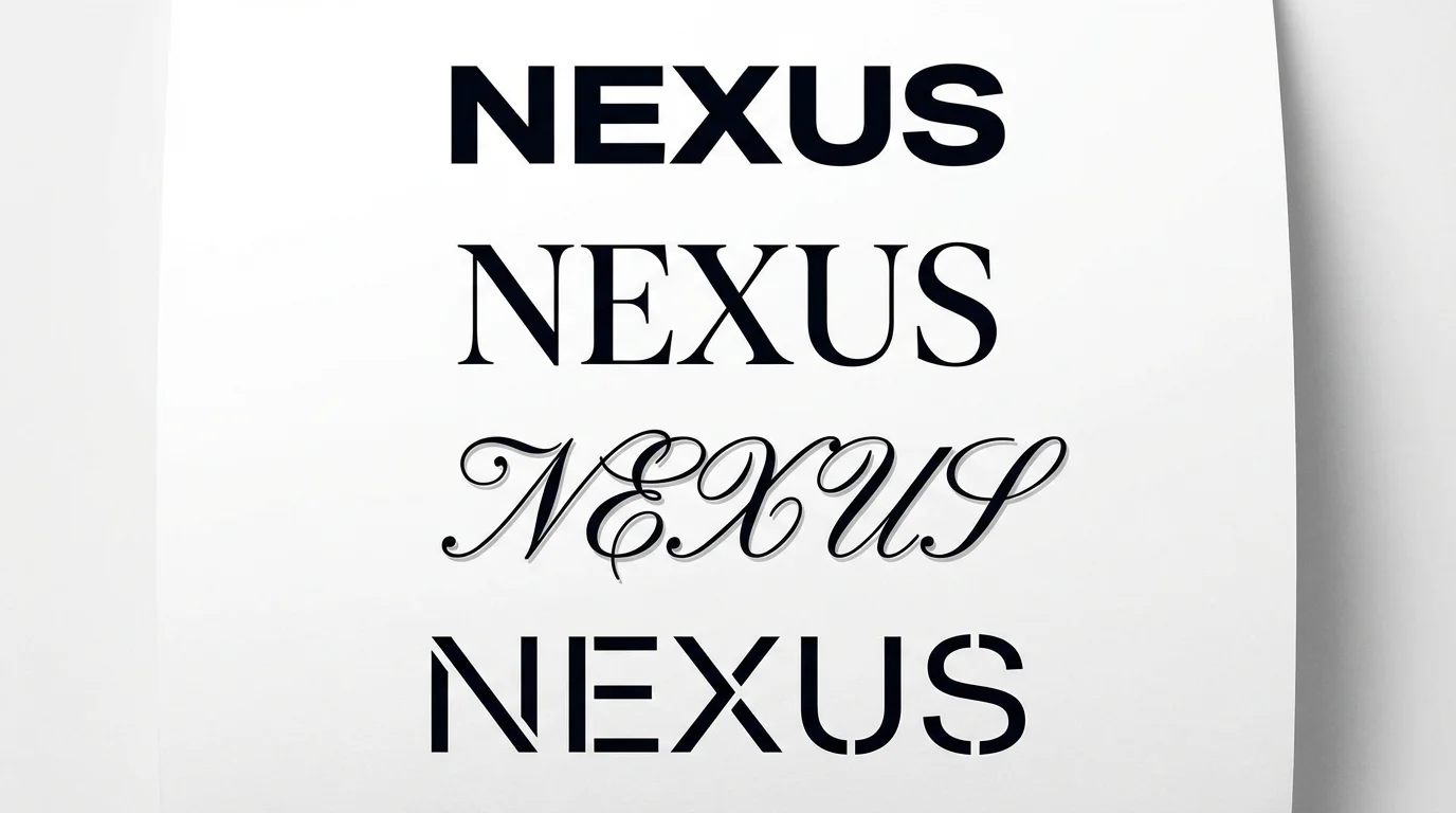 A graphic design mockup displaying the word 'NEXUS' in four different logo font styles, sans-serif, serif, script, and stencil, on a white background, demonstrating font variety for branding.