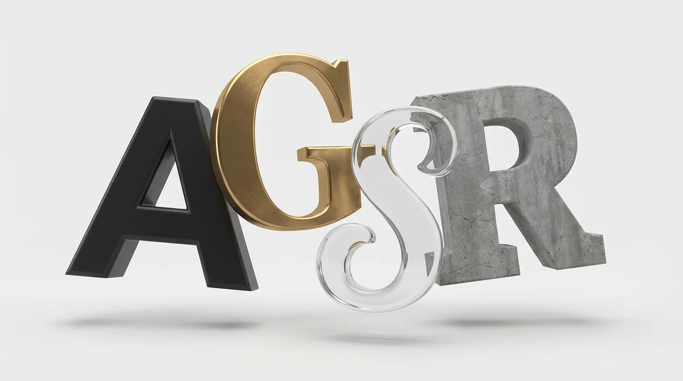 A 3D rendering of four letters, A, G, S, and R, each in a different font and made from a different material (black plastic, gold metal, glass, and concrete) arranged artistically on a white background, representing a logo font editor.
