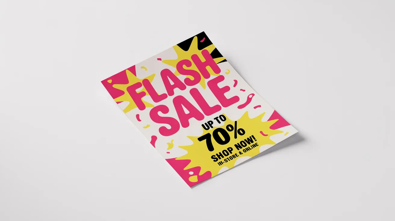 A modern and colorful sale flyer mockup on a white background, announcing a 'FLASH SALE' with 'UP TO 70% OFF'.
