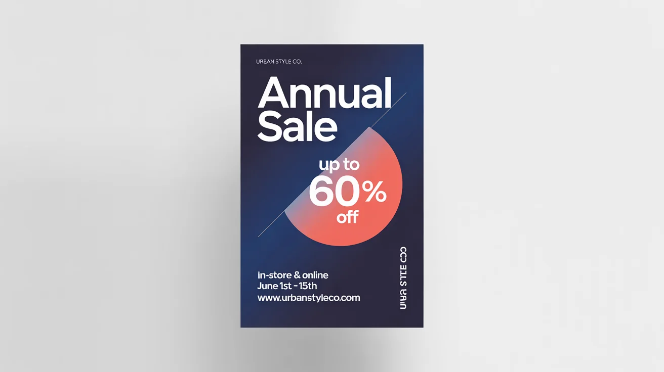 A modern mockup of a sale flyer for an 'ANNUAL SALE' with 'UP TO 60% OFF'. The design uses navy blue, coral, and white, and is displayed on a clean white background.
