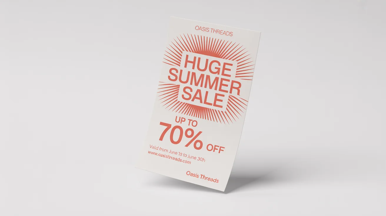 A modern and vibrant sale flyer mockup for a fictional brand 'Oasis Threads', advertising a 'HUGE SUMMER SALE' with 'UP TO 70% OFF' against a clean white background.