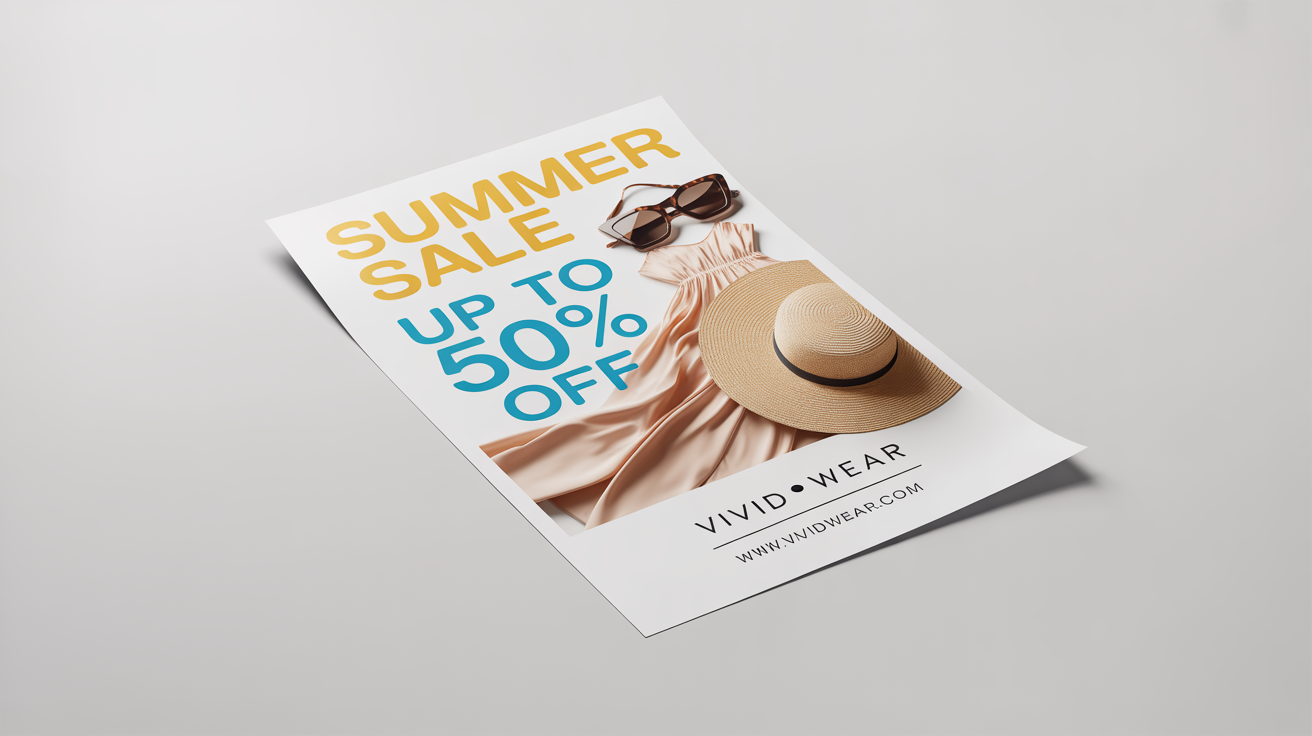 A professionally designed mockup of a summer sale flyer for a clothing store, advertising 'UP TO 50% OFF'. The flyer features the fictional brand name 'Vivid Wear' and is displayed on a plain white background.