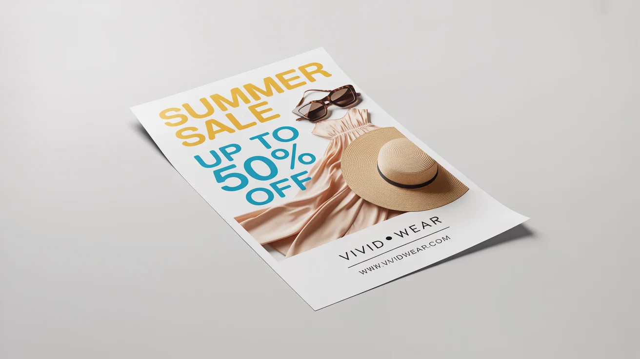 A professionally designed mockup of a summer sale flyer for a clothing store, advertising 'UP TO 50% OFF'. The flyer features the fictional brand name 'Vivid Wear' and is displayed on a plain white background.
