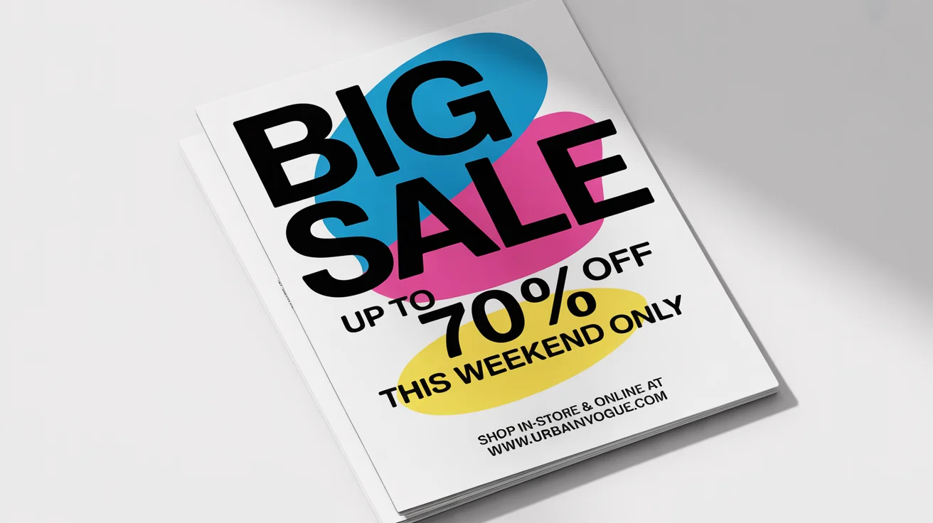 A modern and colorful sale flyer mockup on a white background. The flyer announces a 'BIG SALE' with 'UP TO 70% OFF' in bold, eye-catching text.