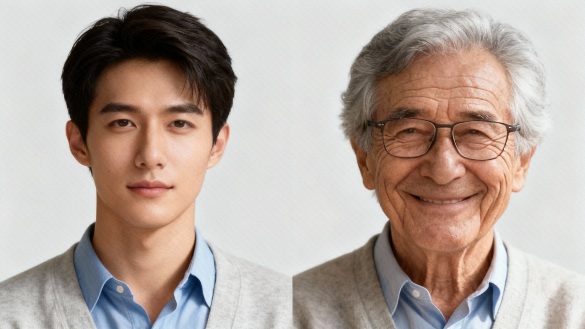 A split-screen 'before and after' image showing the result of an 'old face' tool. The left panel shows a young man, and the right panel shows the same man realistically aged, with wrinkles, gray hair, and a gentle smile.