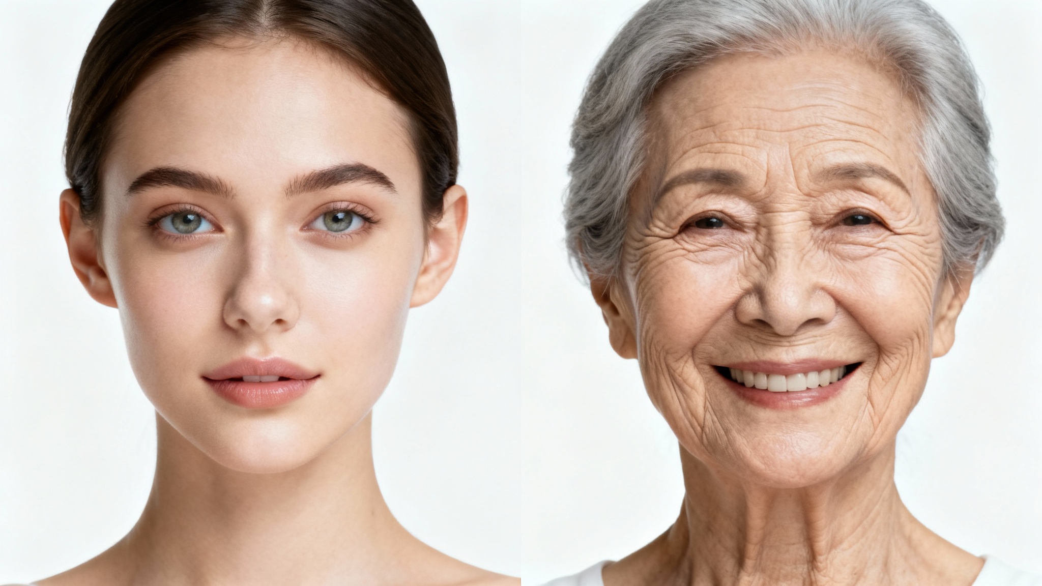 A split image showing the aging process of a woman's face. The left side shows her as a young adult, and the right side shows her as a senior, with visible wrinkles and gray hair.