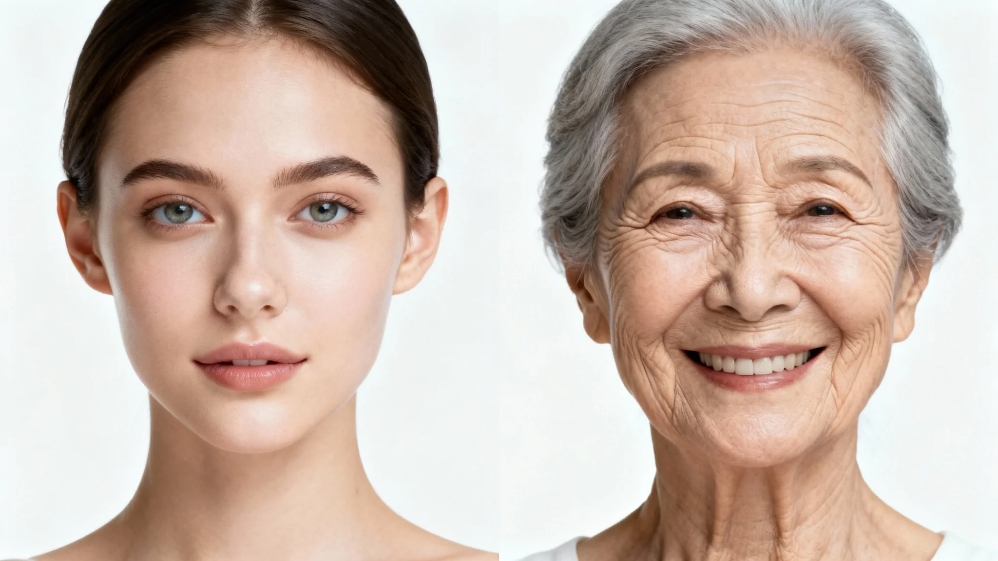 A split image showing the aging process of a woman's face. The left side shows her as a young adult, and the right side shows her as a senior, with visible wrinkles and gray hair.