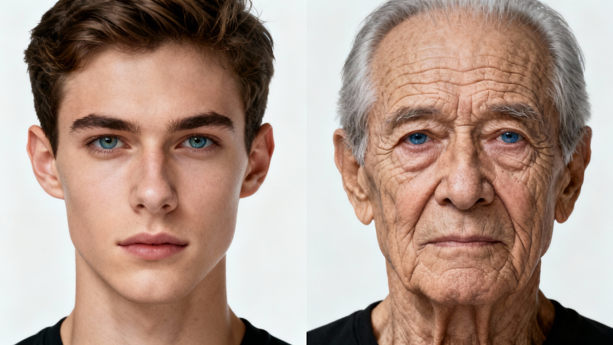 A highly realistic split-screen image displaying the aging process on a man's face. The left half shows him as a young man, and the right half shows him as an elderly man, highlighting the wrinkles and changes in skin texture.
