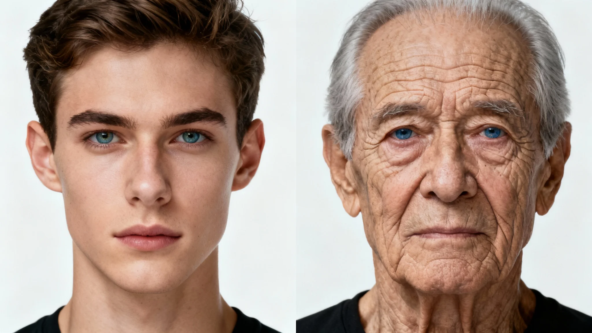 A highly realistic split-screen image displaying the aging process on a man's face. The left half shows him as a young man, and the right half shows him as an elderly man, highlighting the wrinkles and changes in skin texture.