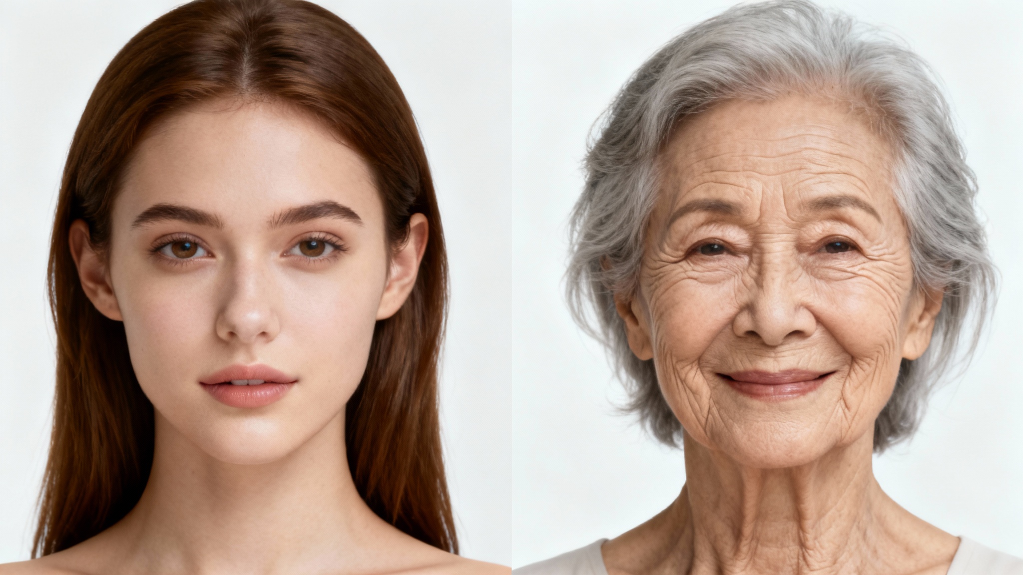 A split-screen portrait demonstrating an old face effect. The left side shows a young woman's face, and the right side shows the same face realistically aged with wrinkles and gray hair.