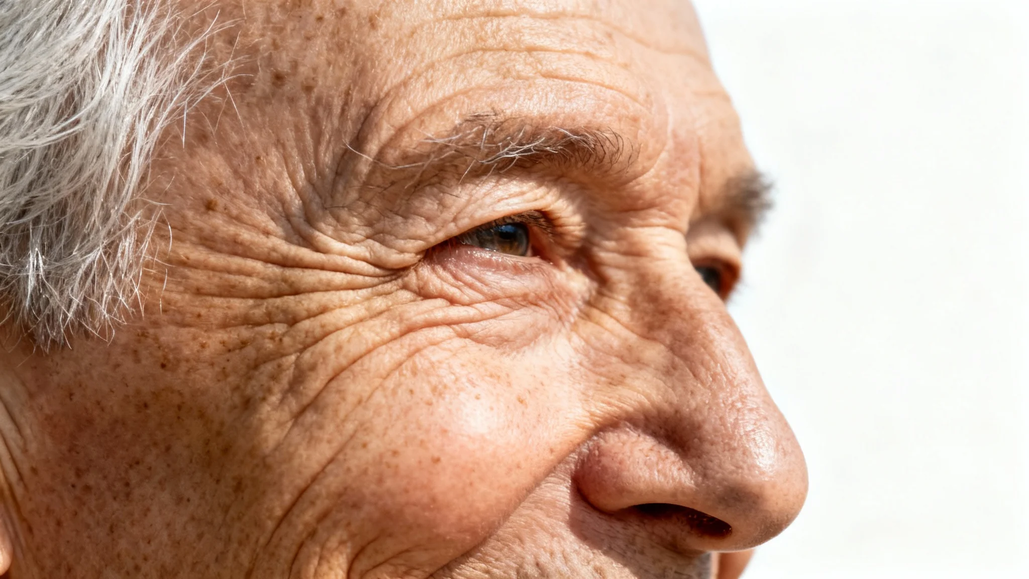 An extreme close-up, photorealistic image of an old person's face, showing detailed wrinkles and skin texture against a stark white background, symbolizing the aging process.