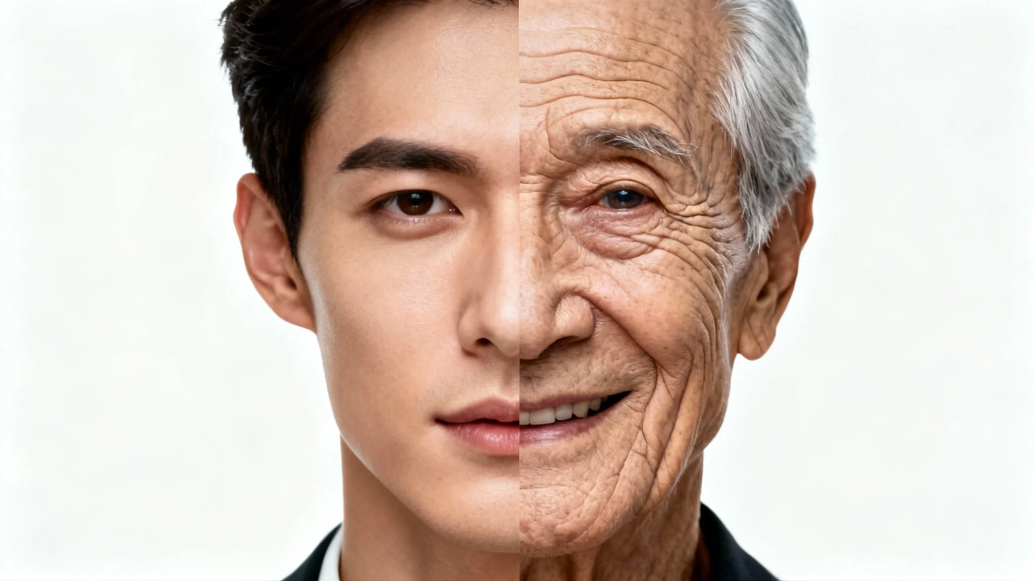 A close-up photorealistic portrait of a man's face split in two: the left side shows his youthful face, and the right side shows his face realistically aged with wrinkles and gray hair, against a white background.