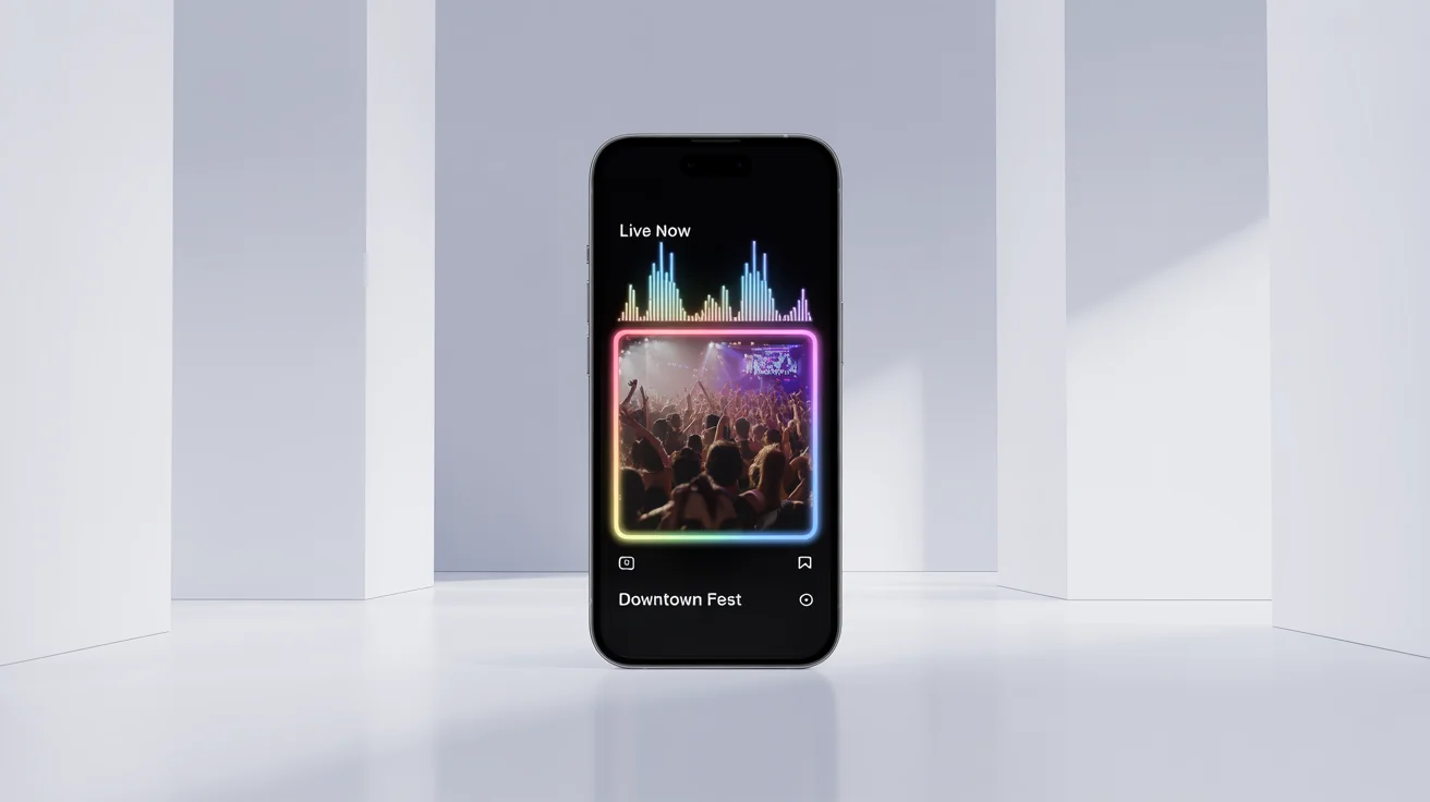 A smartphone displaying a polished social media story overlay for a live music event, with the text 'LIVE NOW' and 'Downtown Fest' on a photo of a festival.