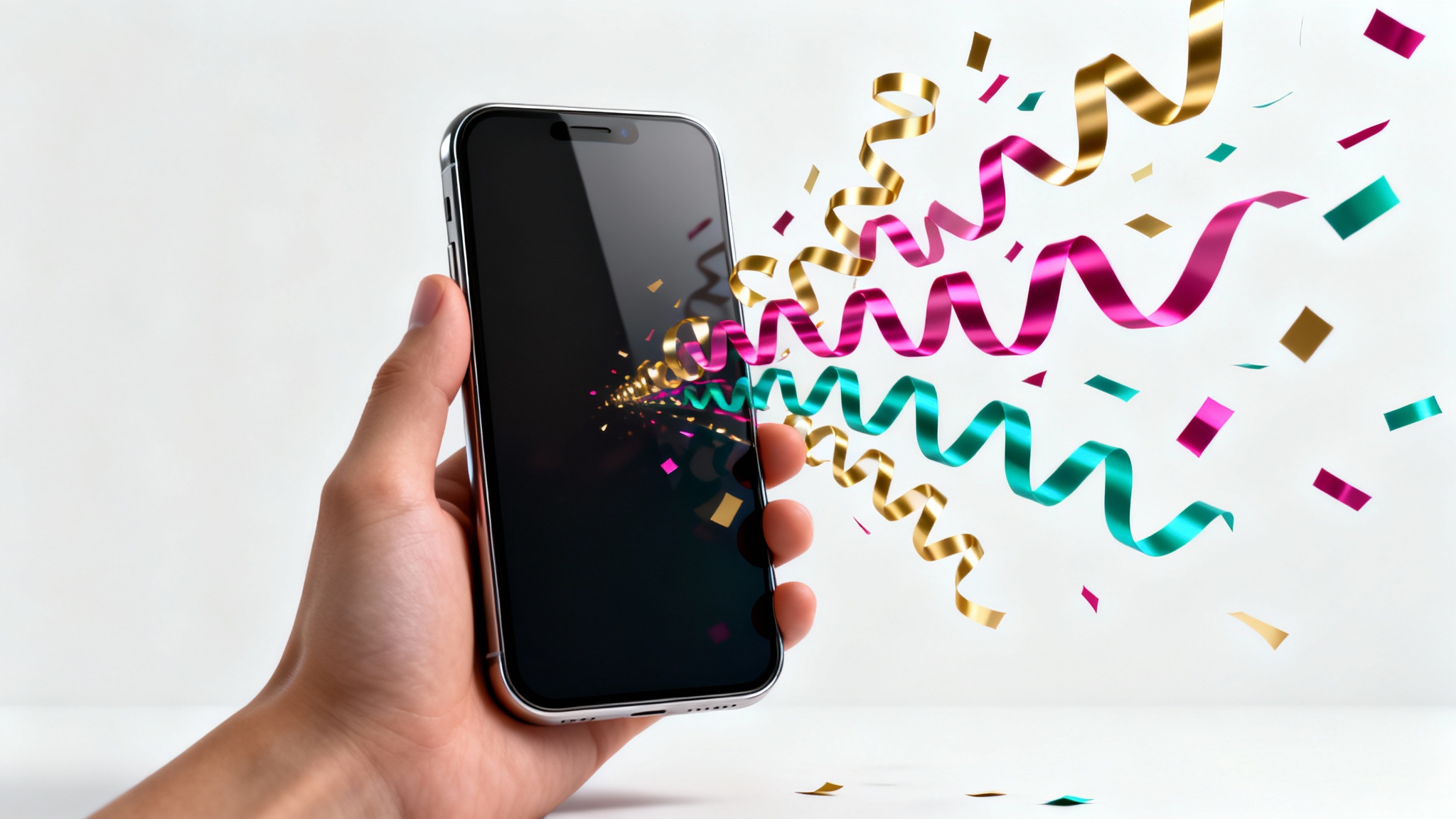 A photorealistic mockup of a modern smartphone with a festive overlay of colorful confetti and ribbons bursting from the screen, set against a clean white background.