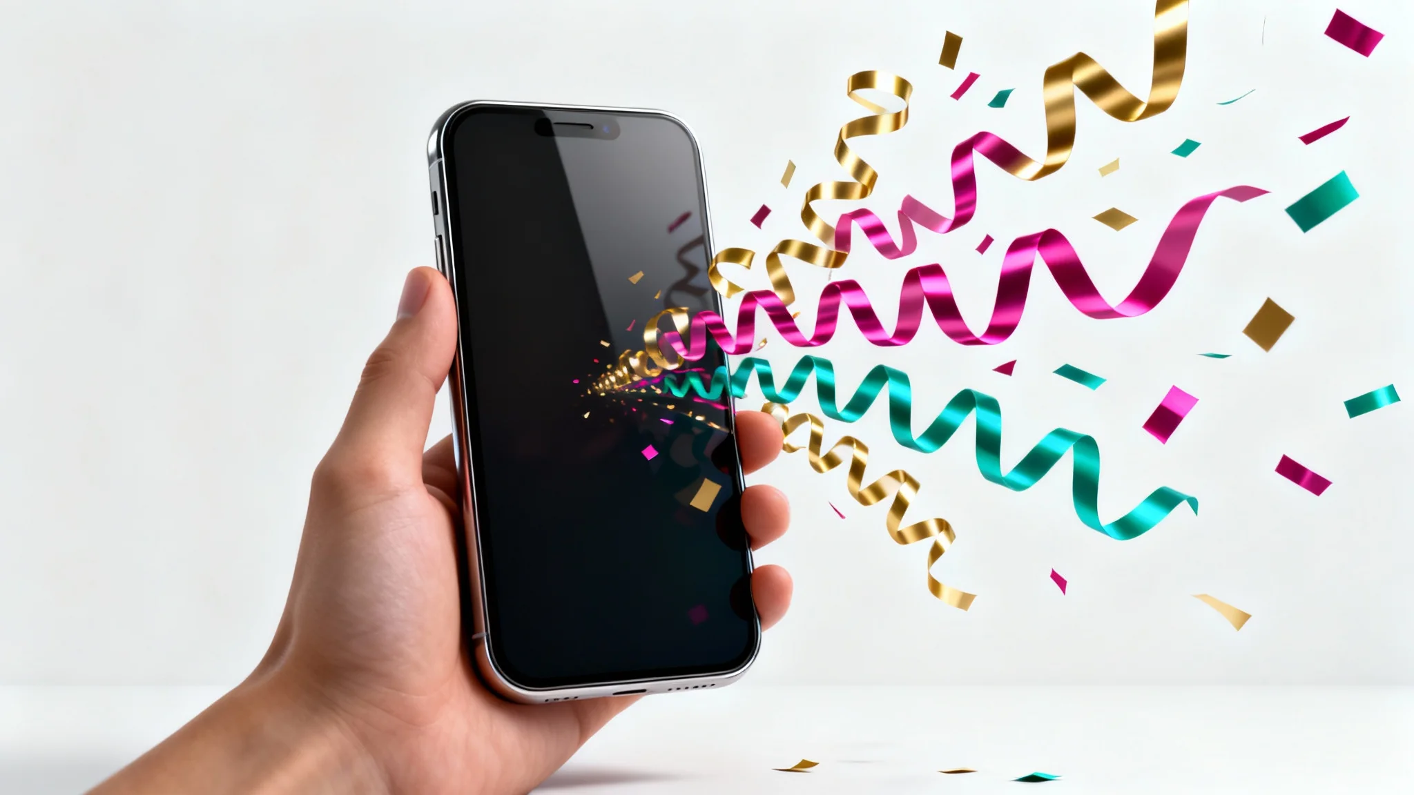 A photorealistic mockup of a modern smartphone with a festive overlay of colorful confetti and ribbons bursting from the screen, set against a clean white background.