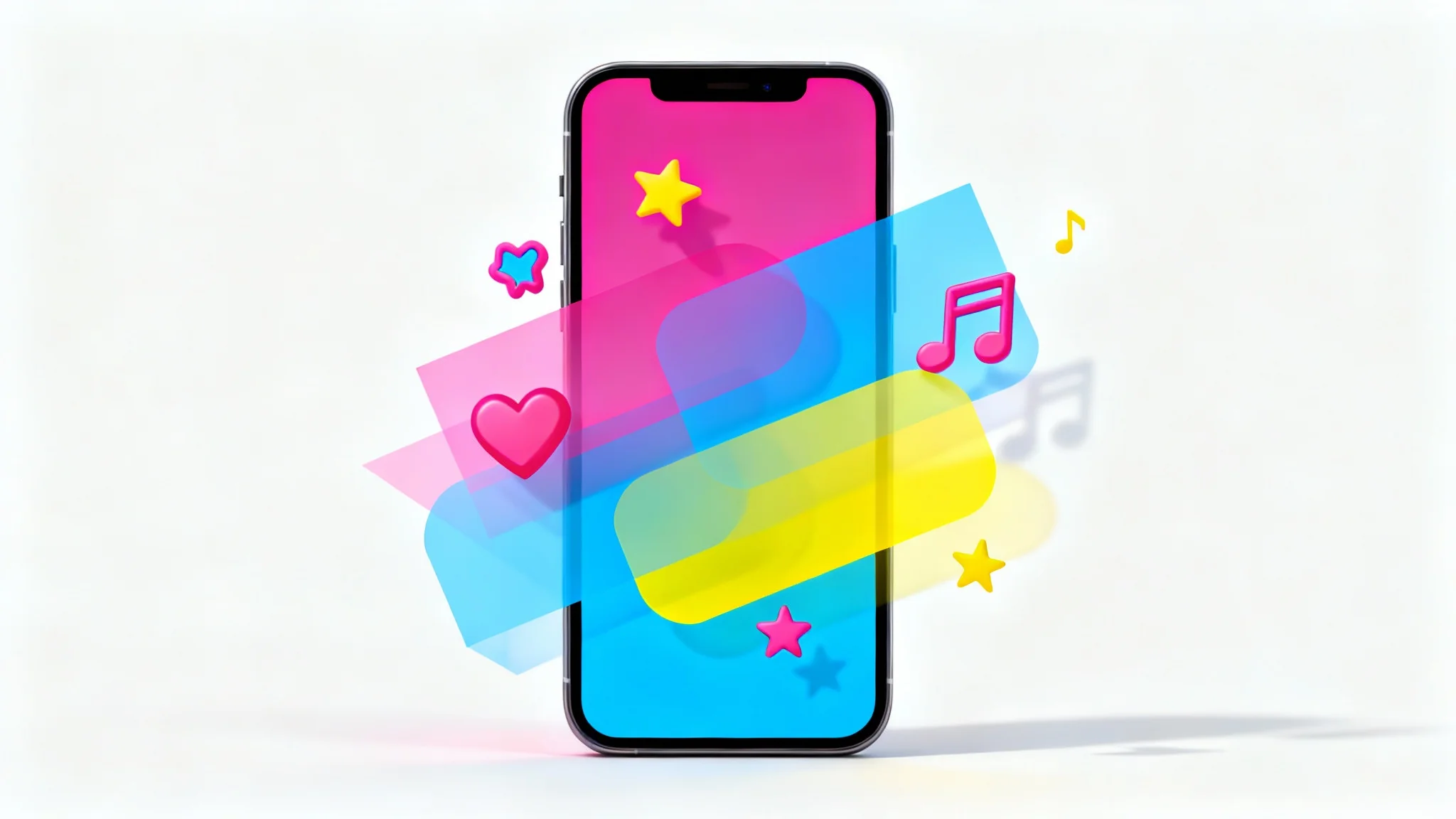 A close-up of a smartphone screen displaying a colorful and playful screen overlay with floating geometric shapes and icons, set against a plain white background.