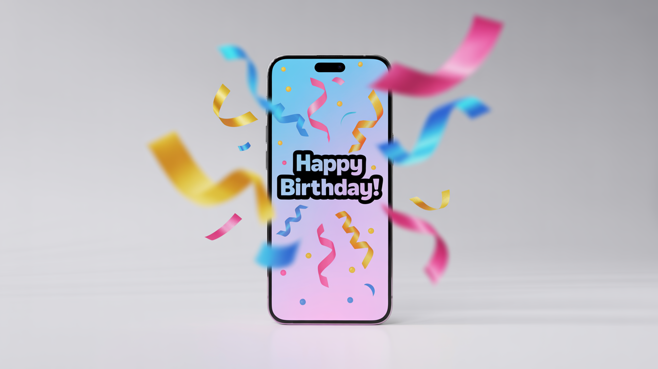 A modern smartphone showcasing a festive 'Happy Birthday!' screen overlay, with digital balloons and confetti appearing to come out of the screen, set against a clean white background.