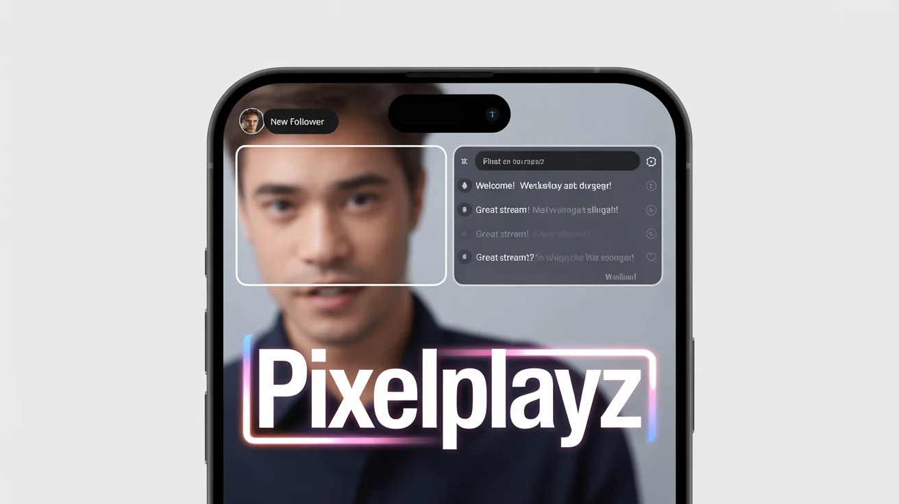 A mockup of a professional phone screen overlay for streaming, featuring dark frames with neon pink highlights for a webcam, chat, and alerts, displayed on a white background.