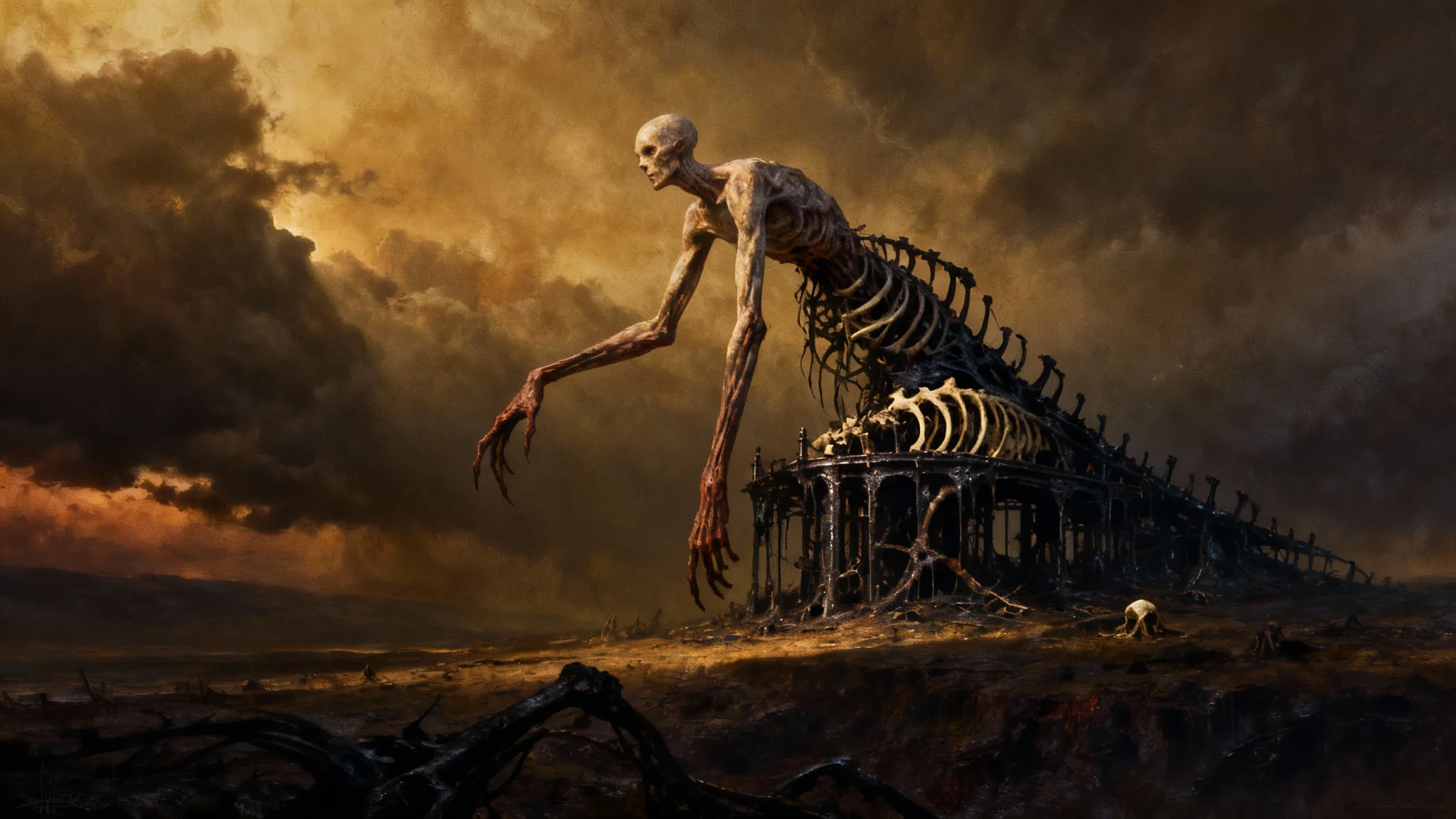 An example of grotesque art created with an AI tool, showing a haunting, surreal landscape with a distorted humanoid figure merging into a decaying structure under a dark, stormy sky.