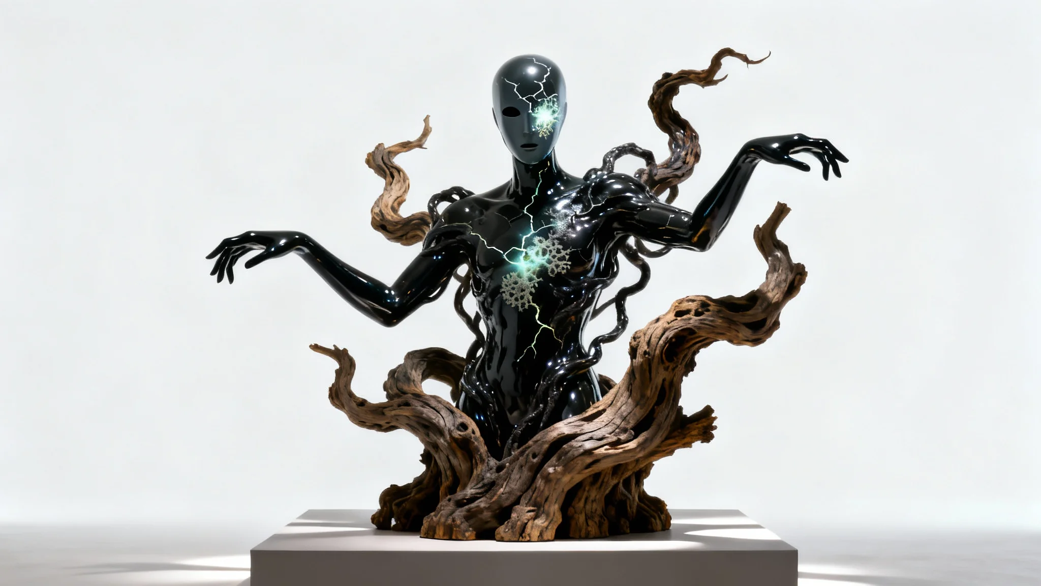 A hyperrealistic sculpture in the grotesque art style, showing a contorted humanoid figure made of black stone and gnarled wood against a plain white background.
