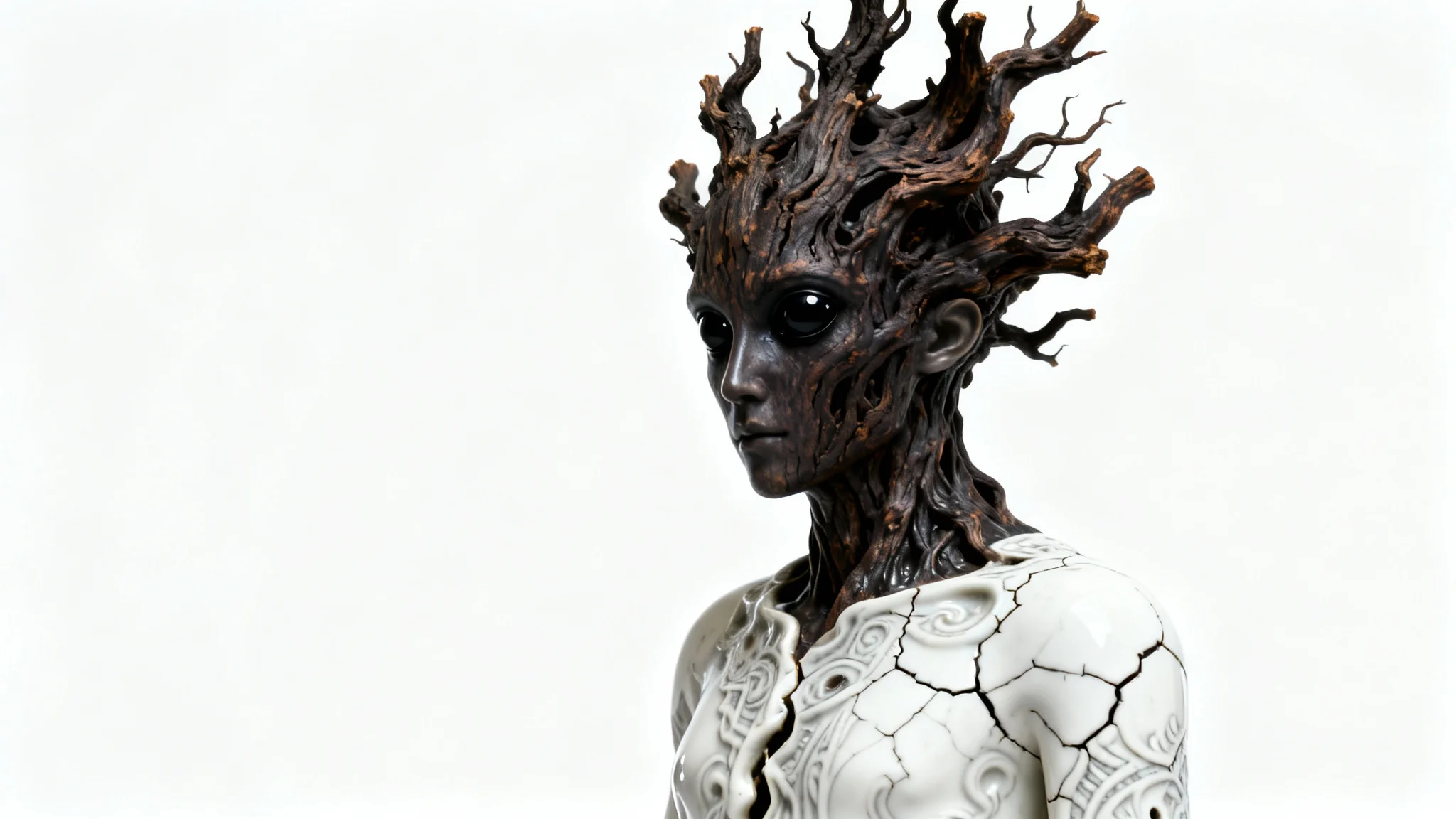 A surreal sculpture of a humanoid figure with a head made of tangled tree roots and a body of cracked porcelain, set against a plain white background.