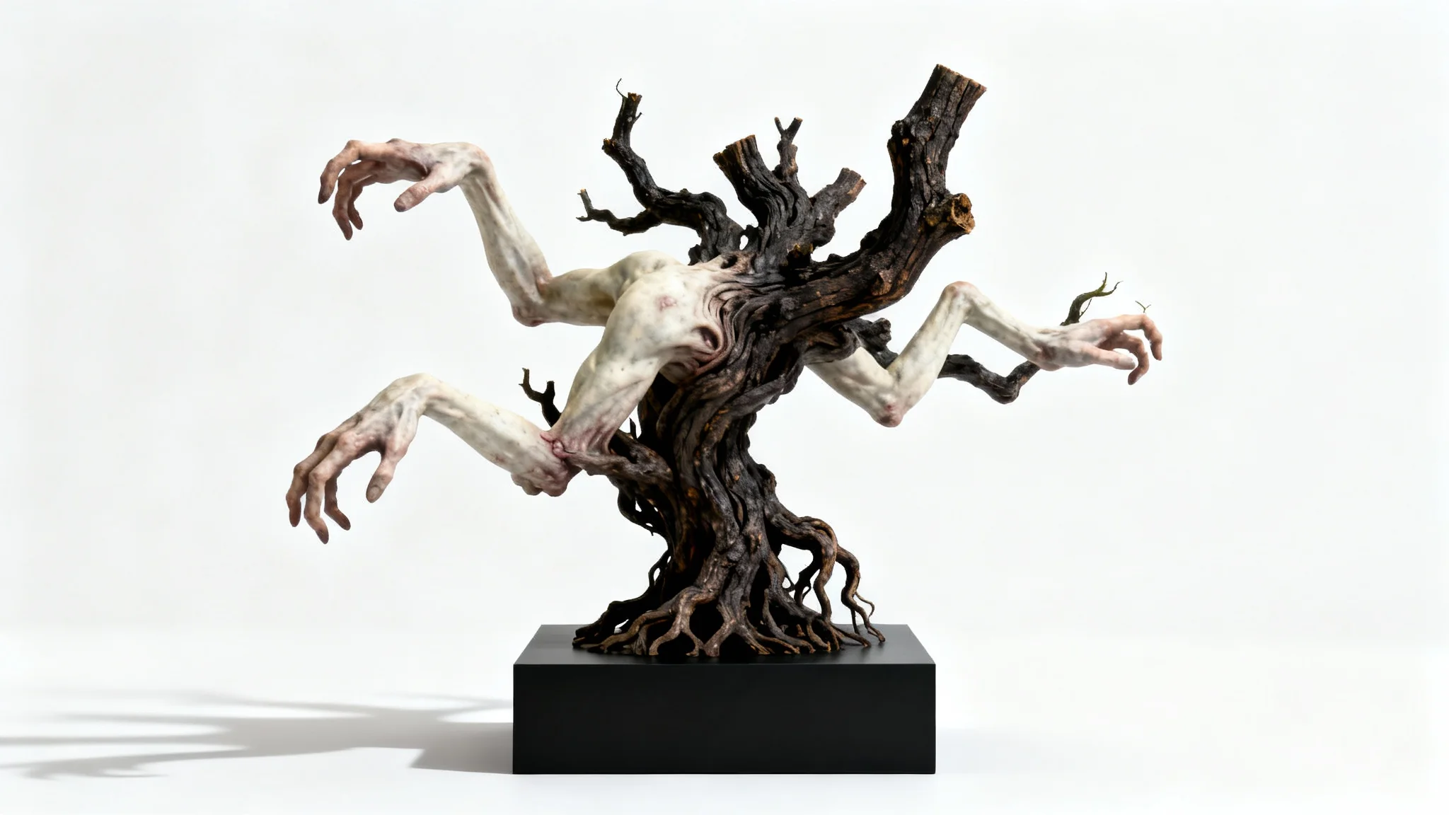 A photorealistic mockup of a grotesque sculpture on a black pedestal against a white background. The sculpture is a disturbing hybrid of a human figure and twisted tree roots.