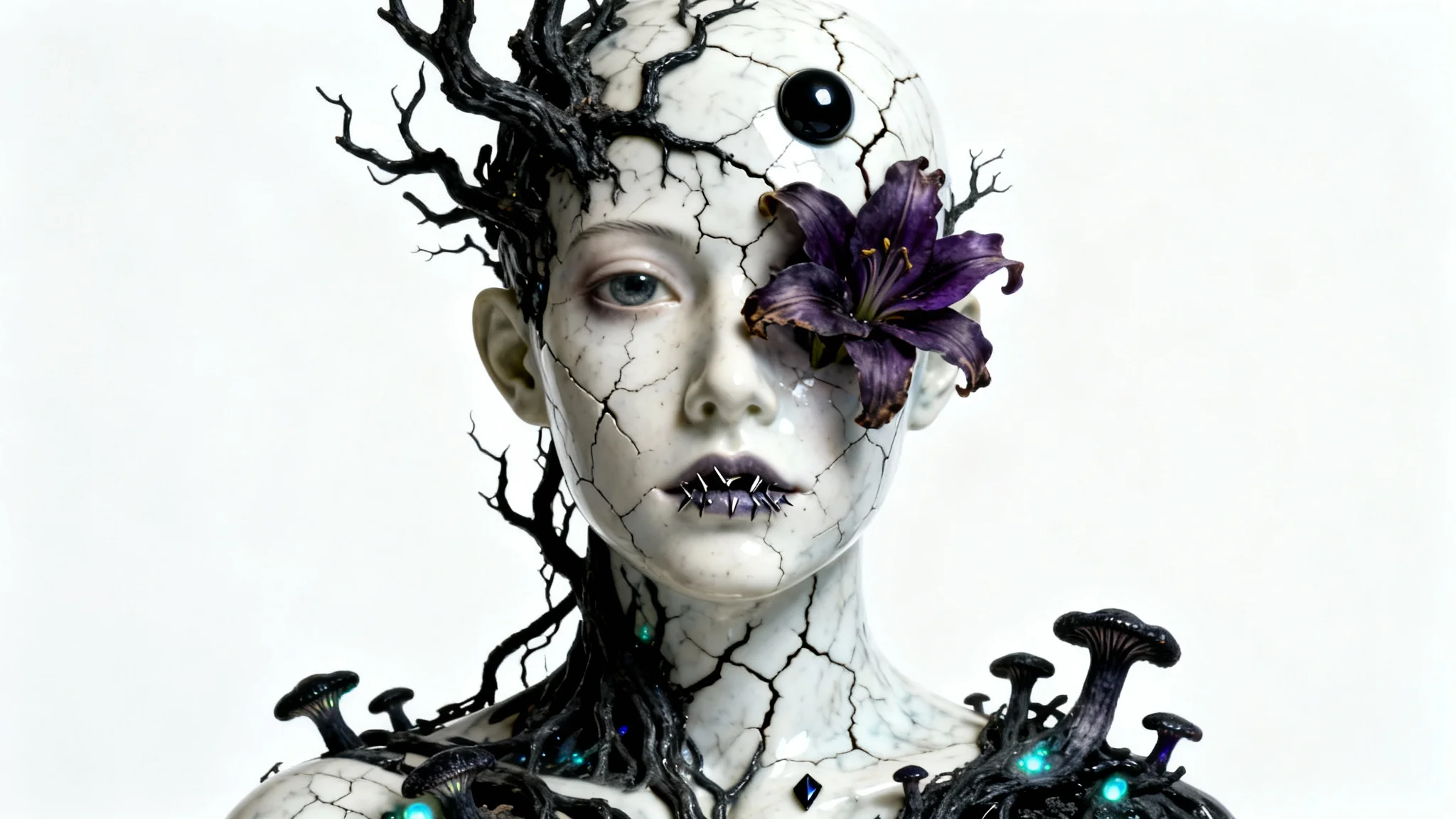A grotesque art sculpture of a humanoid head on a white background. The sculpture is made of cracked white porcelain, with dark roots and glowing fungi growing from the cracks, and has one obsidian eye and one flower eye.