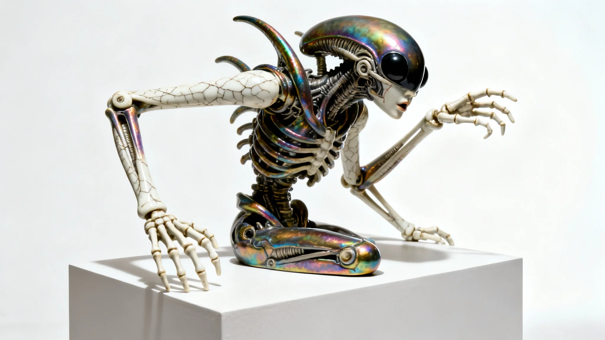A hyper-realistic mockup of a grotesque art sculpture depicting a biomechanical creature with human and insect features, set against a plain white background.