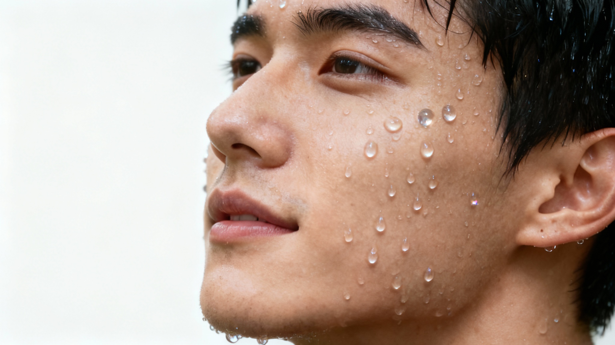 An extreme close-up, hyperrealistic photo of a man's face covered in perfect, glistening water droplets, showcasing a high-quality visual effect.