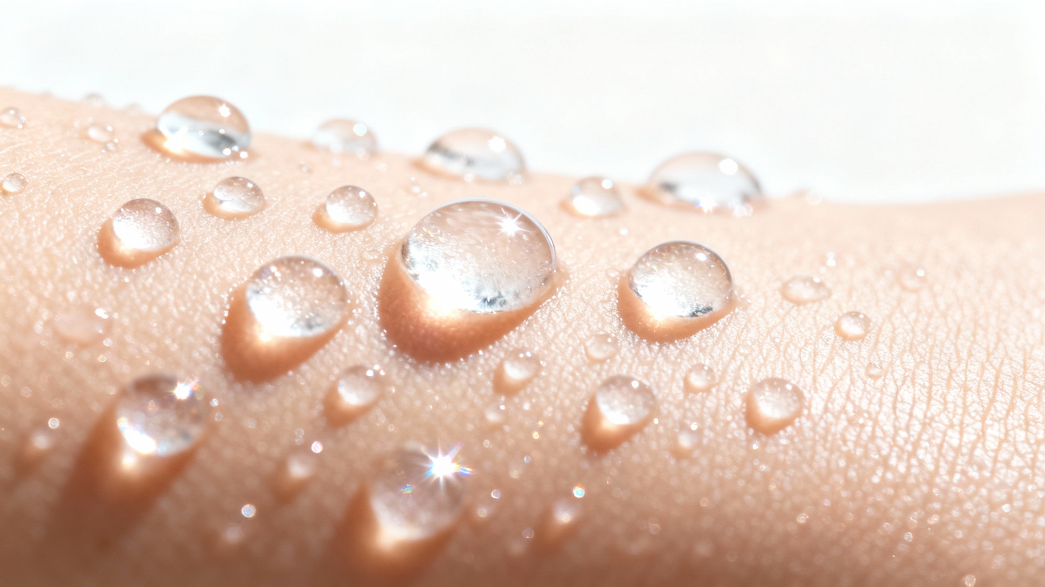 An extreme close-up, photorealistic image of clear water droplets resting on smooth, hydrated skin against a clean white background, illustrating freshness and purity.