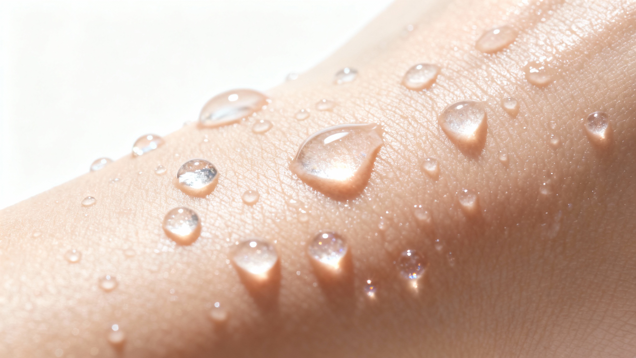 A hyper-realistic macro shot of clear water droplets beading on smooth, hydrated skin, set against a clean white background, conveying a sense of purity and moisture.