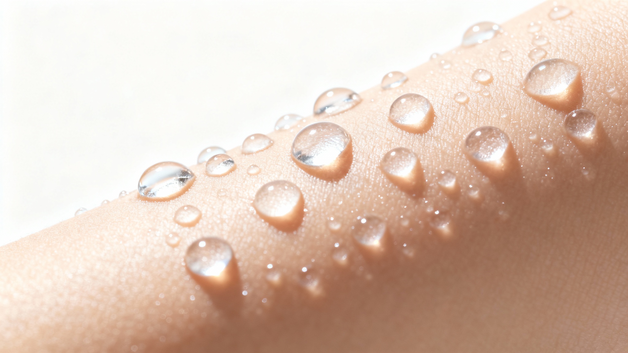 An extreme close-up macro photograph of clear water droplets on smooth, hydrated skin, set against a plain white background, illustrating freshness and hydration.