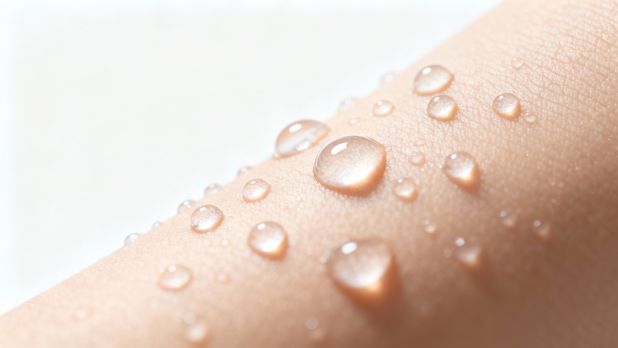 A hyper-realistic macro shot of pristine water droplets on smooth human skin, symbolizing hydration and freshness, set against a clean white background.
