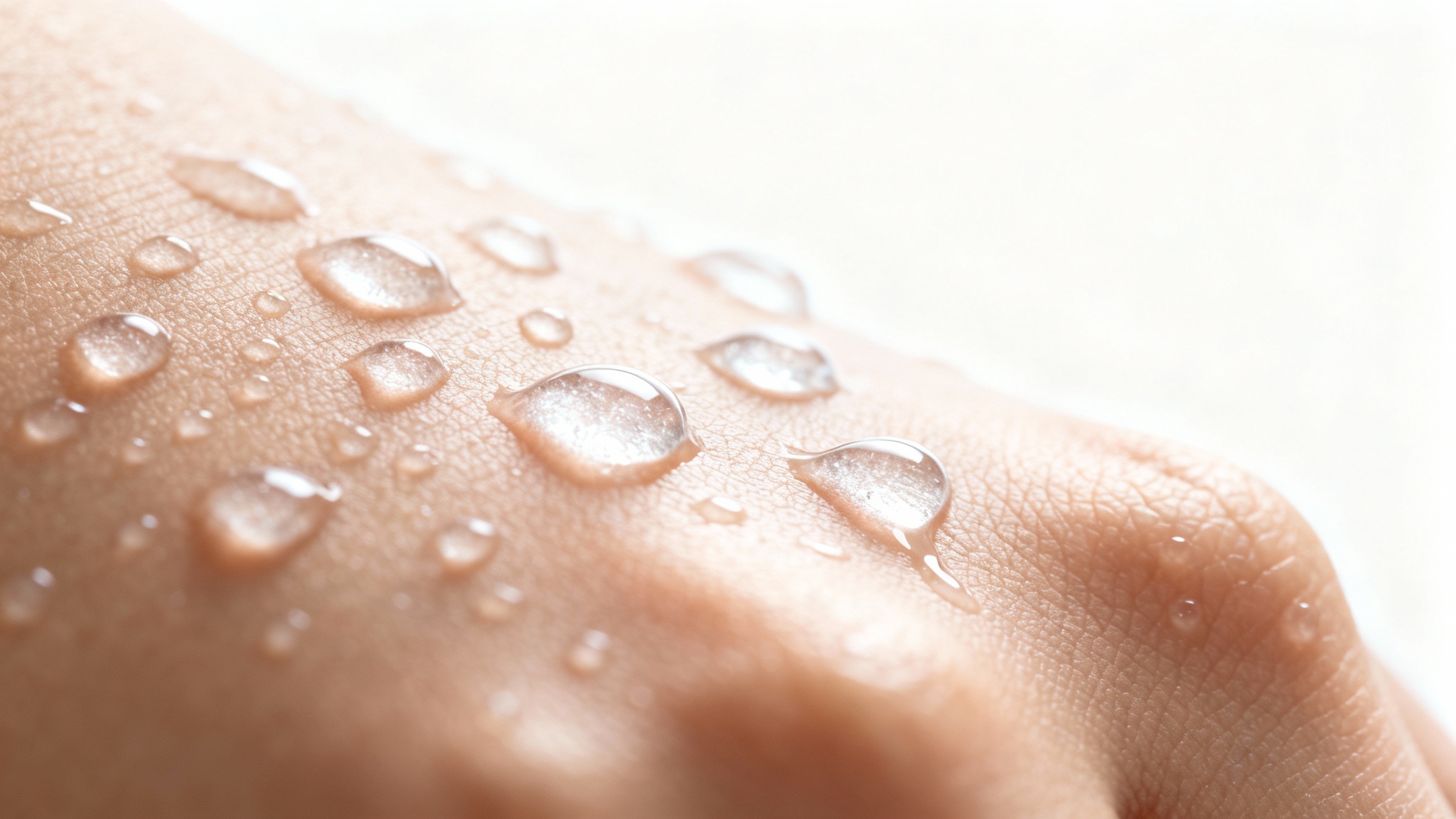 An extreme close-up, hyper-realistic photo аксессуар of glistening water droplets of various sizes on smooth, healthy skin, evoking a sense of hydration and freshness, on a plain white background.