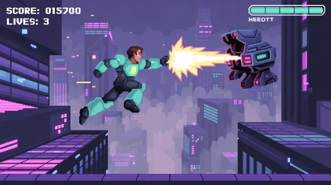 A vibrant 16:9 pixel art scene from a fictional retro video game. A character in armor jumps through a neon cyberpunk city, shooting at a robot, with a game HUD showing score and lives.