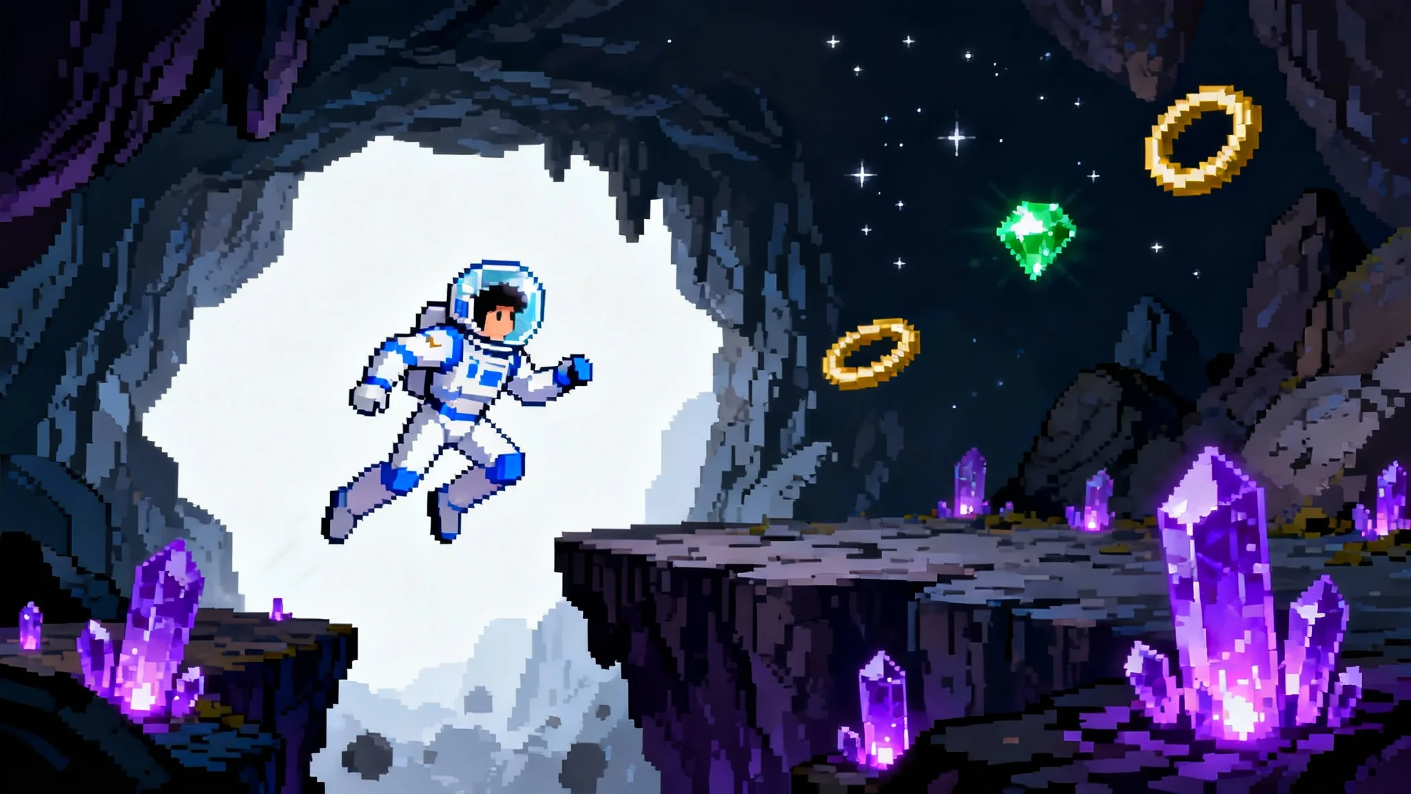 A 16-bit pixel art mockup of a retro video game scene where a space explorer jumps across a cavern, set against a clean white background.