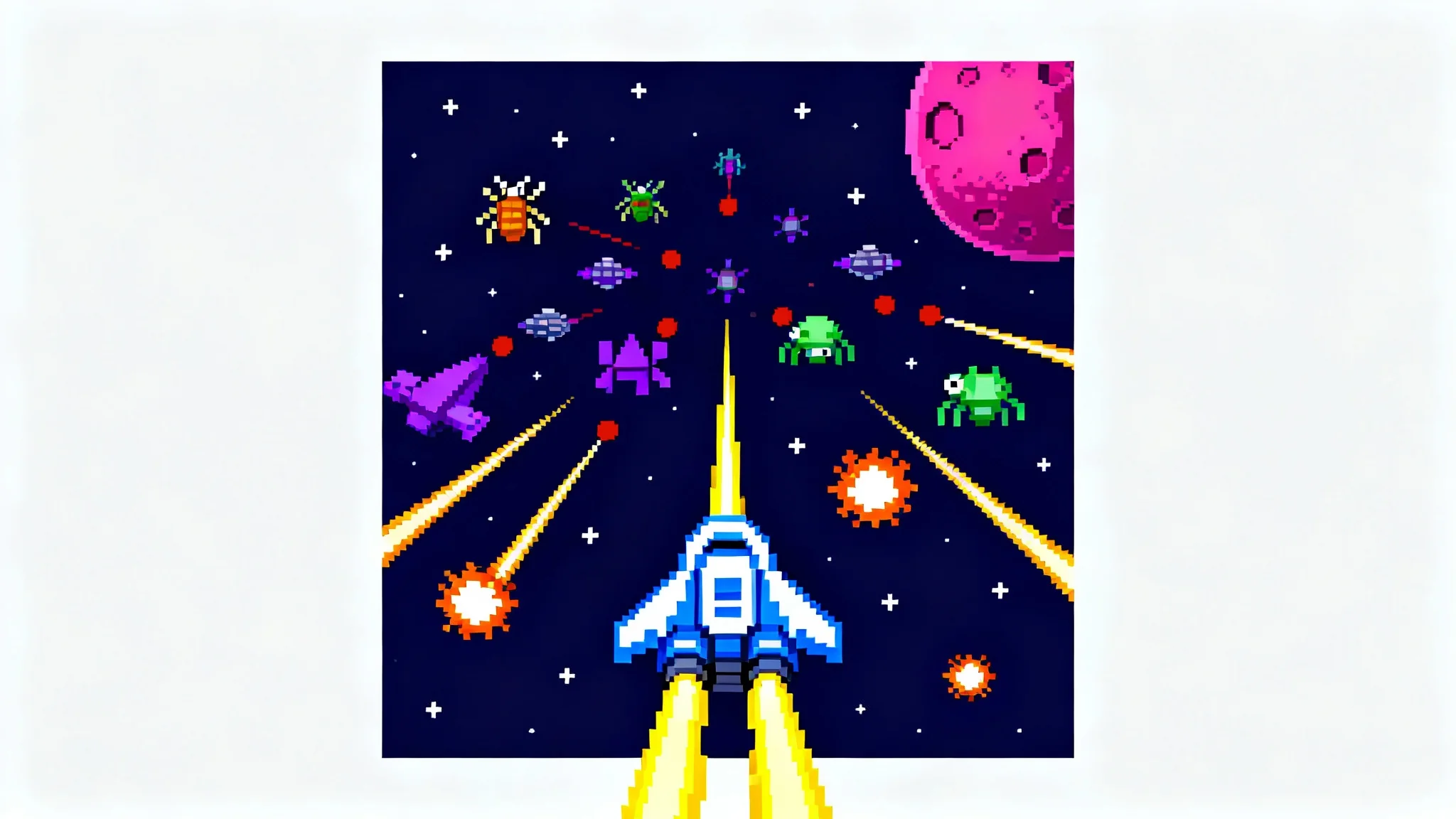 A 16-bit pixel art mockup of a retro space shooter game, showing a blue spaceship battling a fleet of alien enemies against a starry background, all on a clean white backdrop.