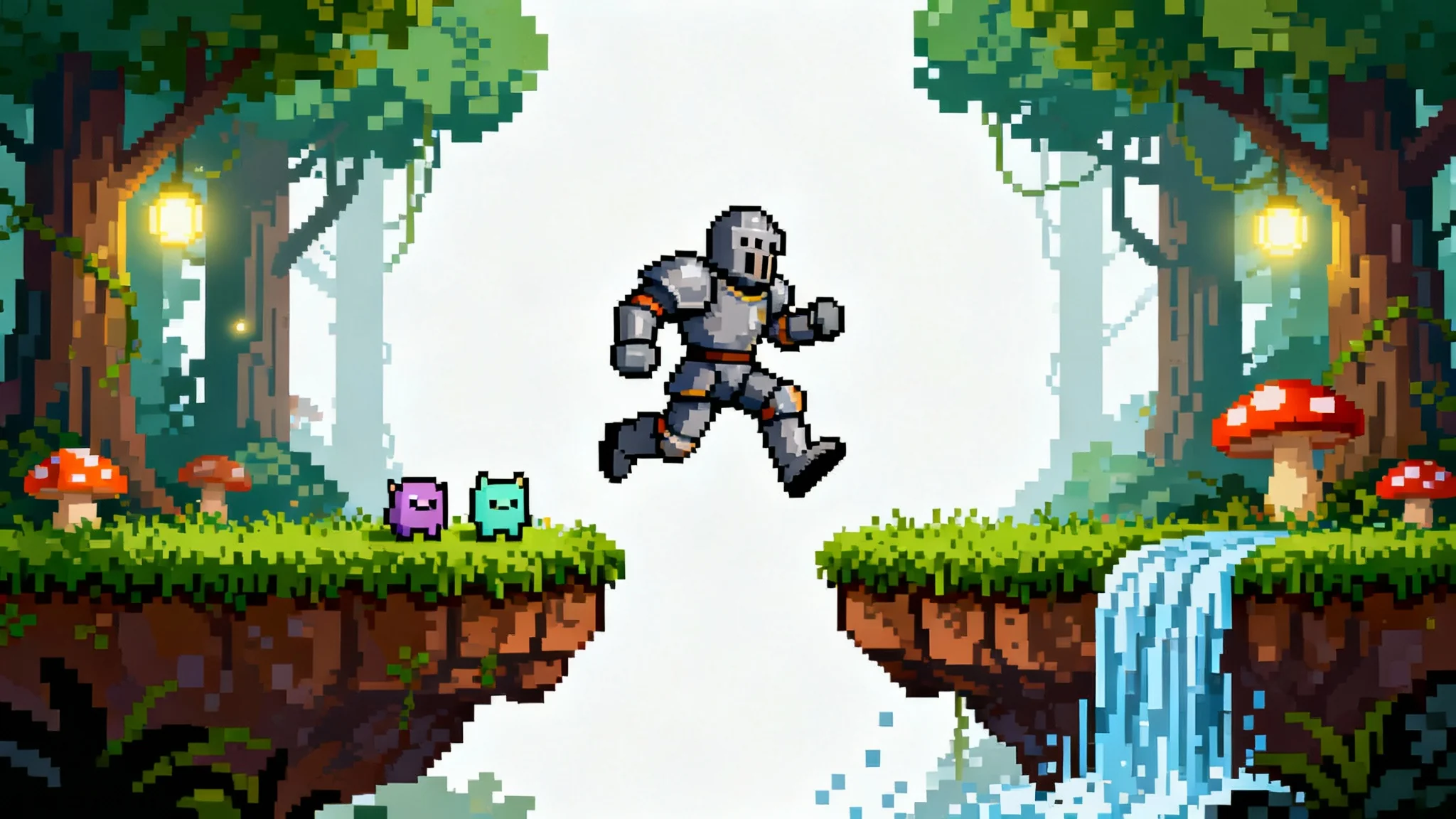 A 16-bit pixel art scene from a retro fantasy video game, showing a knight jumping between platforms in a forest, presented as a mockup on a white background.