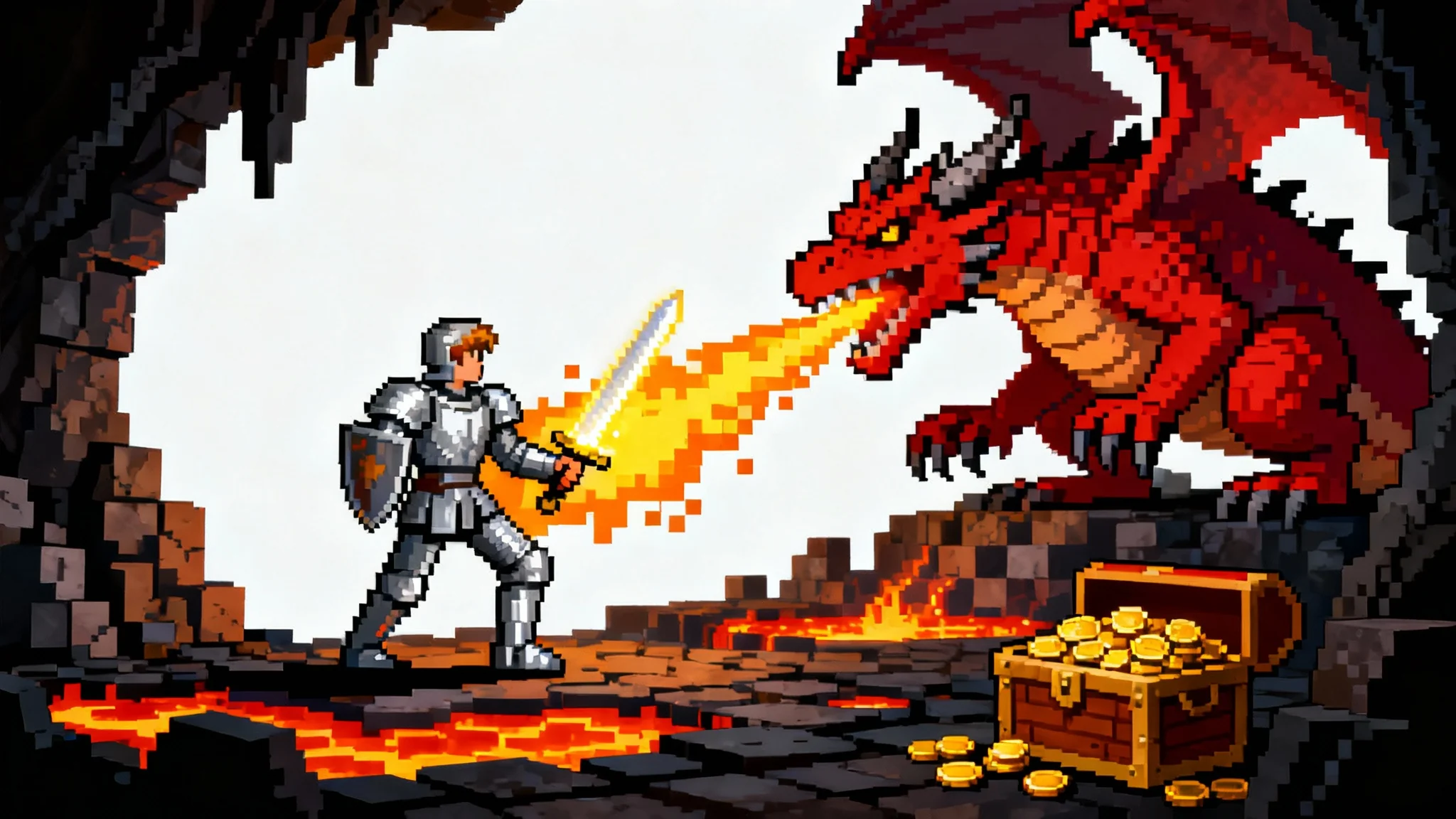A 16-bit pixel art scene of a knight fighting a large red dragon in a lava cave, presented as a mockup for a retro game.