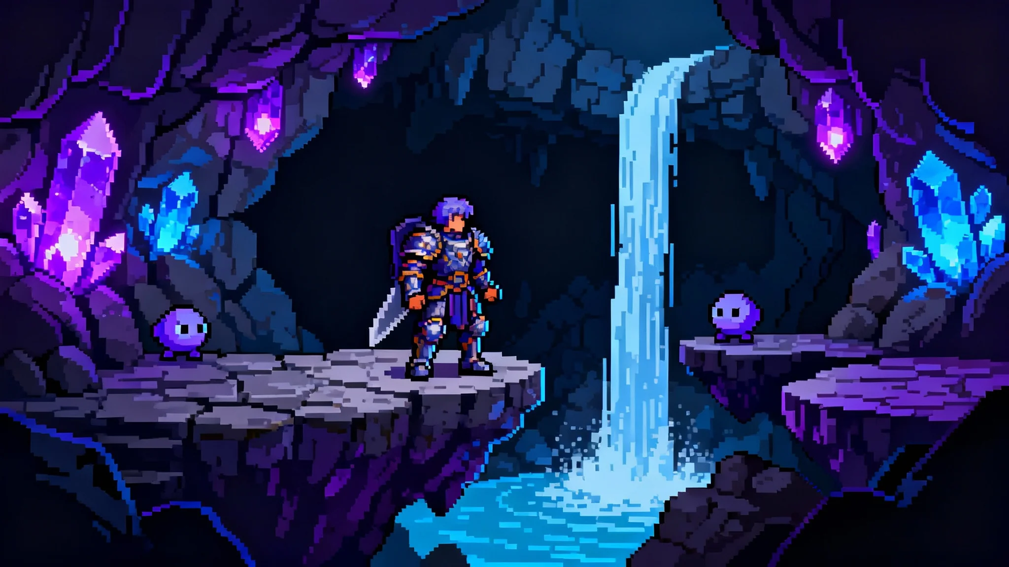 A 16-bit pixel art mockup of a retro video game scene, featuring a hero in a dark cave filled with glowing crystals and small monsters.