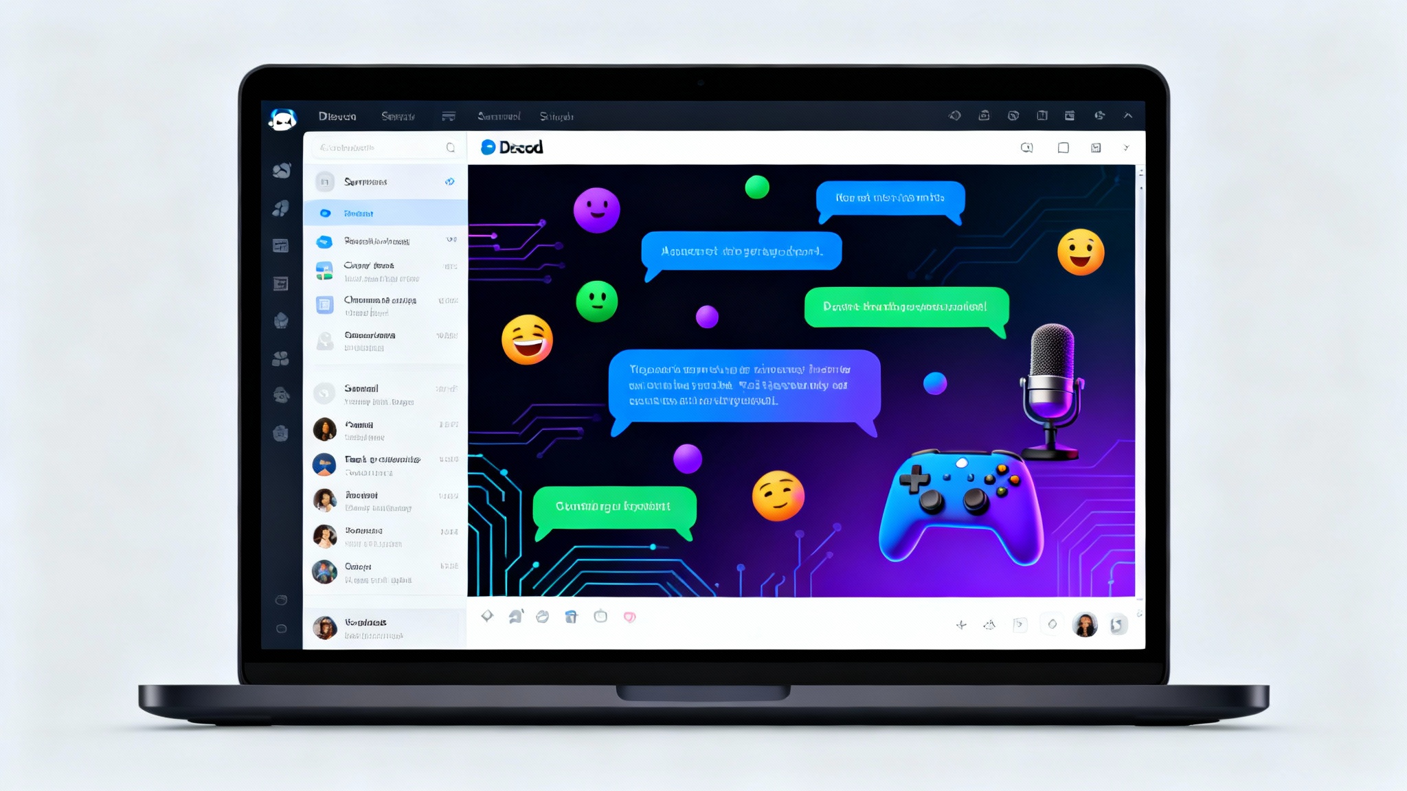 A mockup of the Discord chat application showing a custom background. The background is a dark, vibrant digital illustration with colorful speech bubbles and gaming-related icons. The Discord user interface is visible over the background.