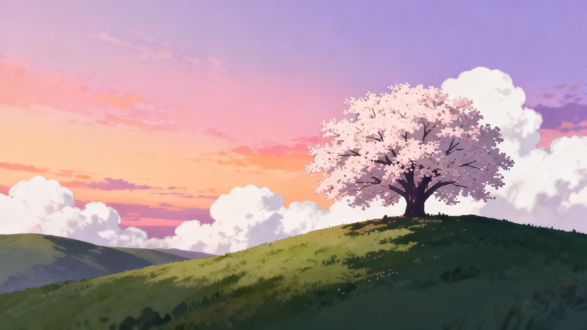 A mockup of a Discord chat background featuring a serene, lo-fi anime landscape with rolling green hills and a single cherry blossom tree under a pastel dusk sky.