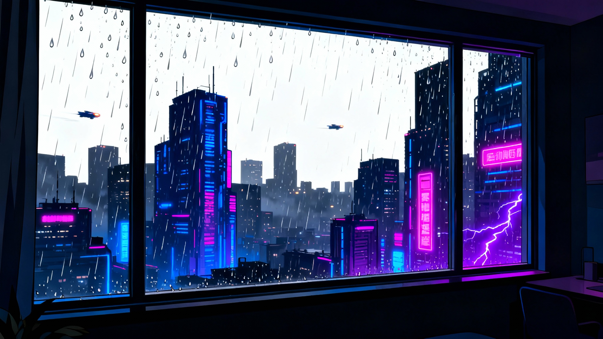 A digital illustration of a futuristic city at night viewed through a rainy window, designed as an aesthetic background for a Discord chat.