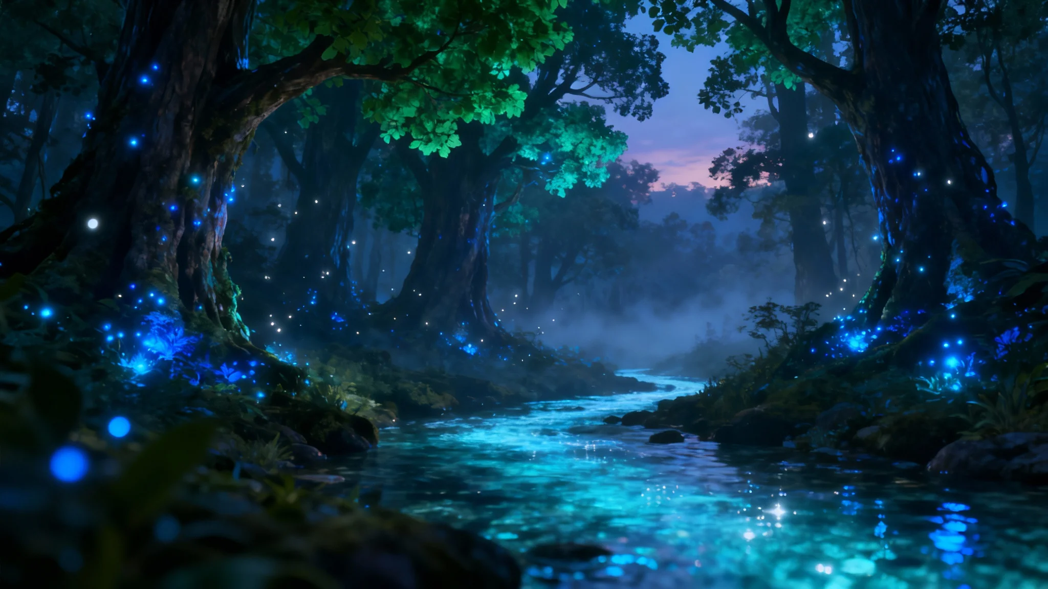 An ethereal fantasy forest at twilight with bioluminescent trees and a gentle mist, designed as a magical background for a Discord chat.