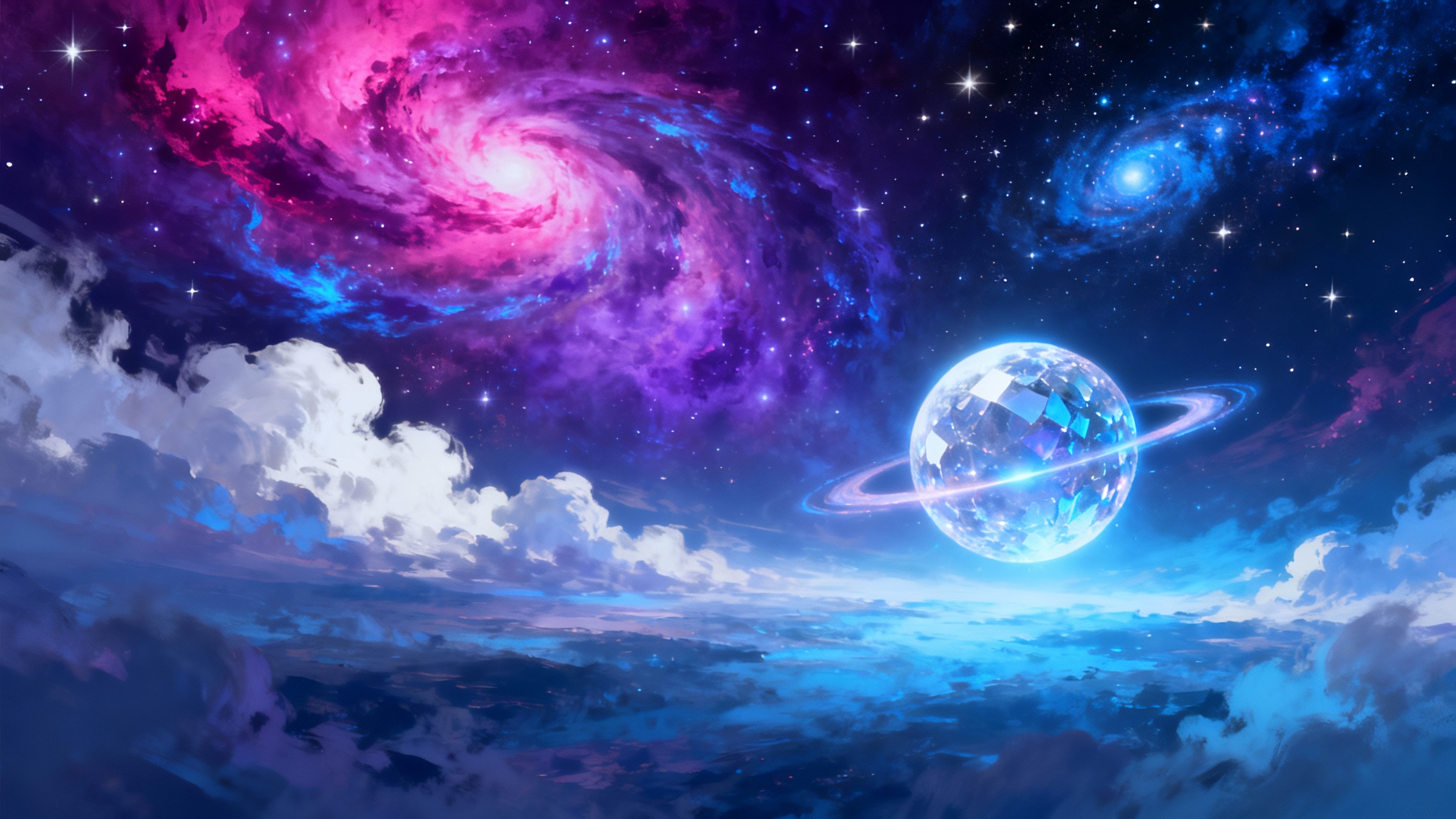 A vibrant and detailed digital painting of a cosmic nebula with swirling purple and blue gas clouds, distant stars, and a serene planet with rings.