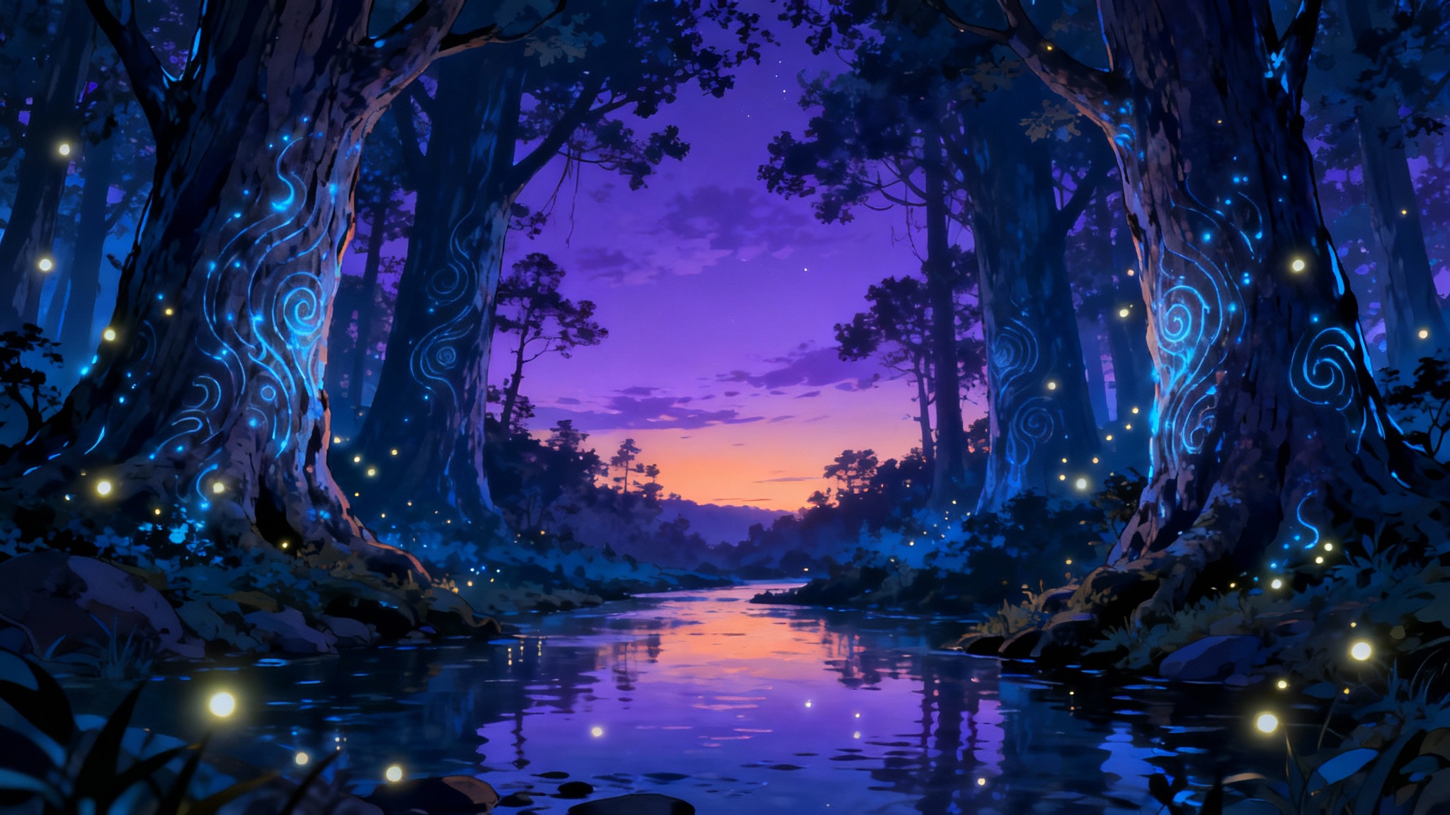 A serene digital illustration of a magical forest at dusk, intended as a Discord chat background. Glowing trees and floating light particles frame a calm stream reflecting the twilight sky.