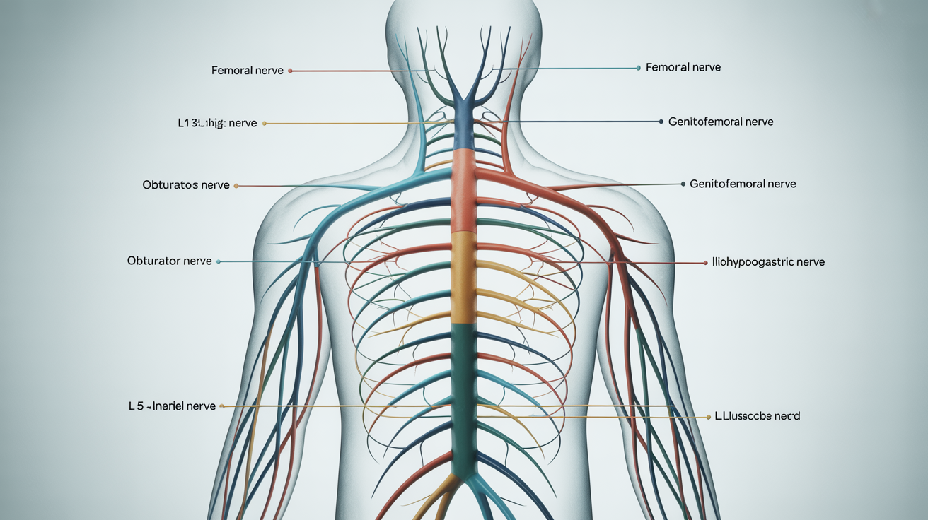 A professionally designed medical diagram of the human lumbar plexus, showing the network of nerves from L1 to L5 in a clear, color-coded 3D illustration with legible labels against a clean background.