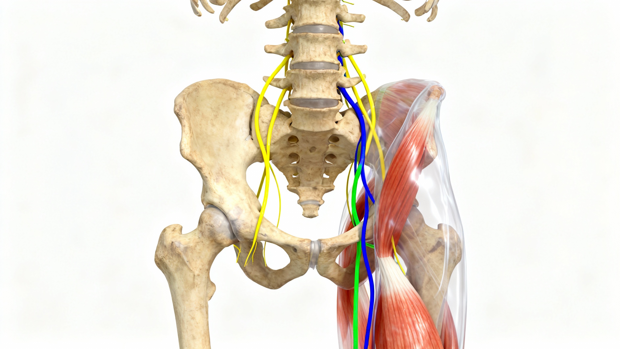 A detailed 3D medical diagram illustrating the human lumbar plexus, with nerves color-coded for clarity as they emerge from the spine and pass through muscle, all on a white background.
